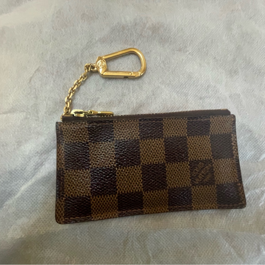 Louis Vuitton Damier Ebene Brown Checkered Key Pouch With Gold Chain